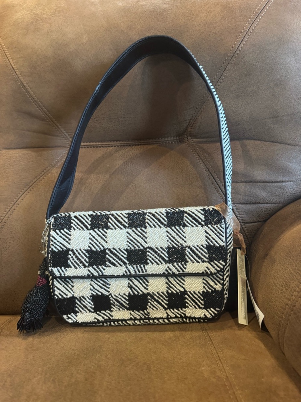 VIRAL TJ MAXX Black & White Plaid Beaded Shoulder Bag